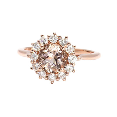 Round Morganite Engagement Ring Vintage Style Cluster Halo with Diamonds in Gold or Platinum, shown in Rose Gold from Rare Earth Jewelry