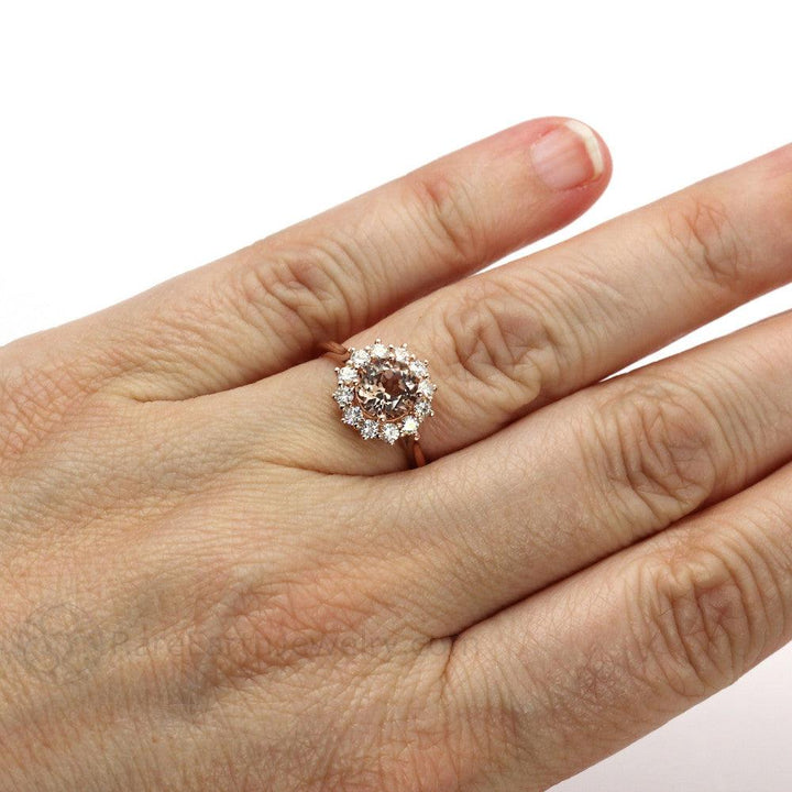 Morganite Engagement Ring Diamond Halo Cluster, Rare Earth Jewelry