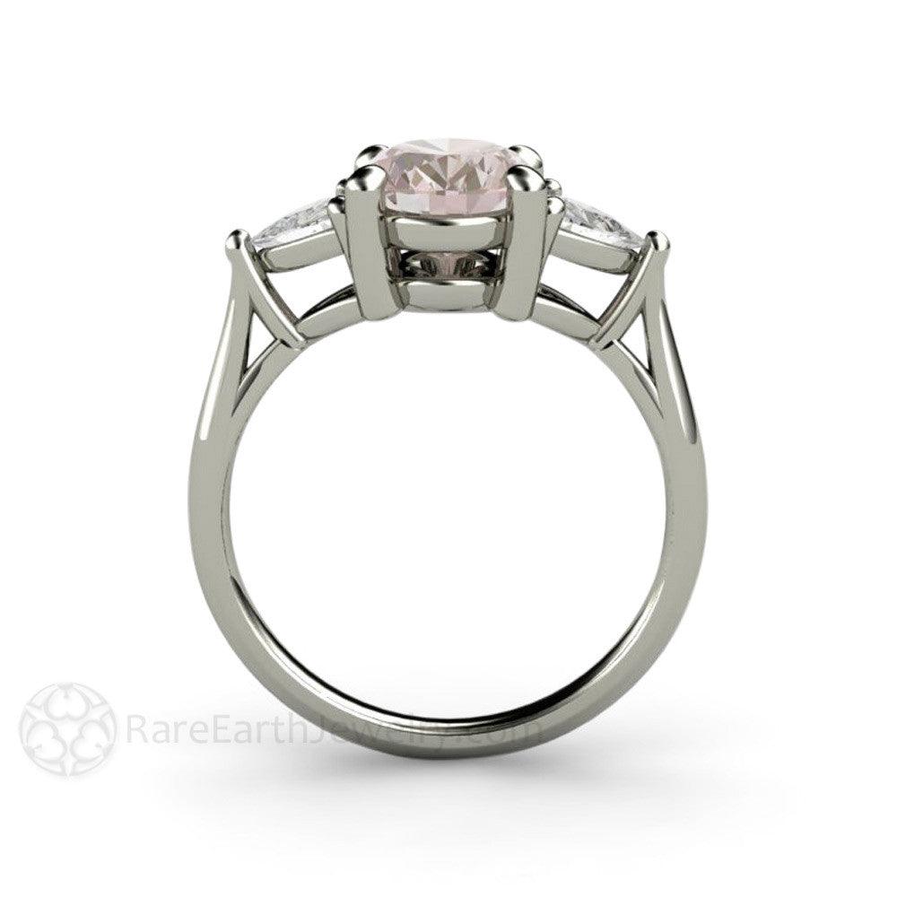 Morganite Engagement Ring Oval 3 Stone with Trillions, Rare Earth Jewelry