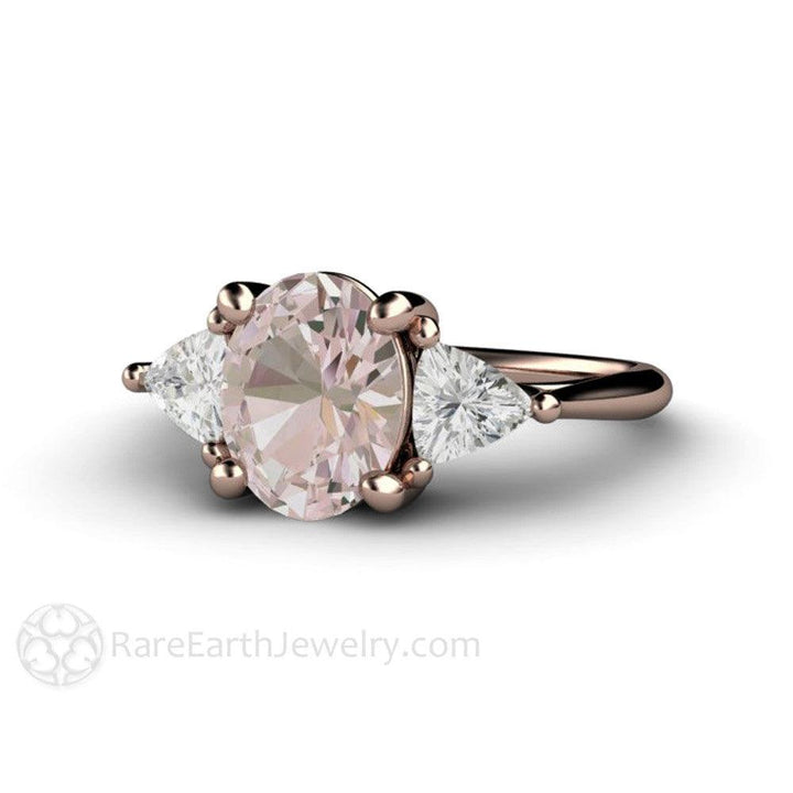 Morganite Engagement Ring Oval 3 Stone with Trillions, Rare Earth Jewelry
