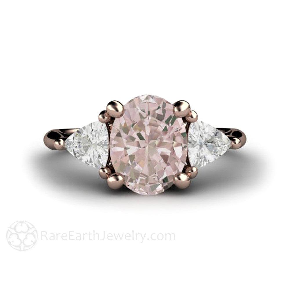 Morganite Engagement Ring Oval 3 Stone with Trillions, Rare Earth Jewelry