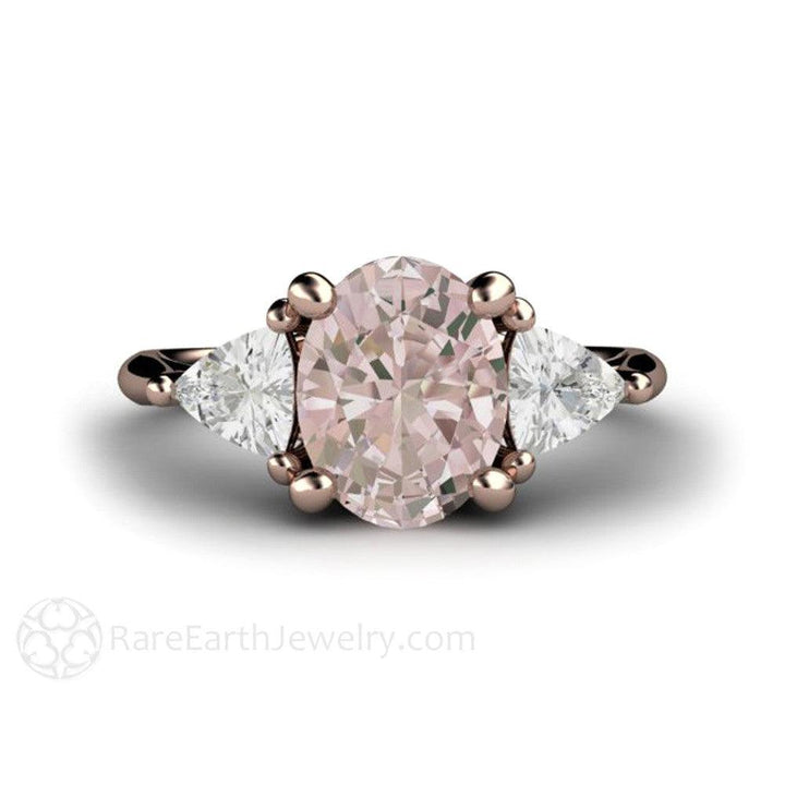 Morganite Engagement Ring Oval 3 Stone with Trillions, Rare Earth Jewelry