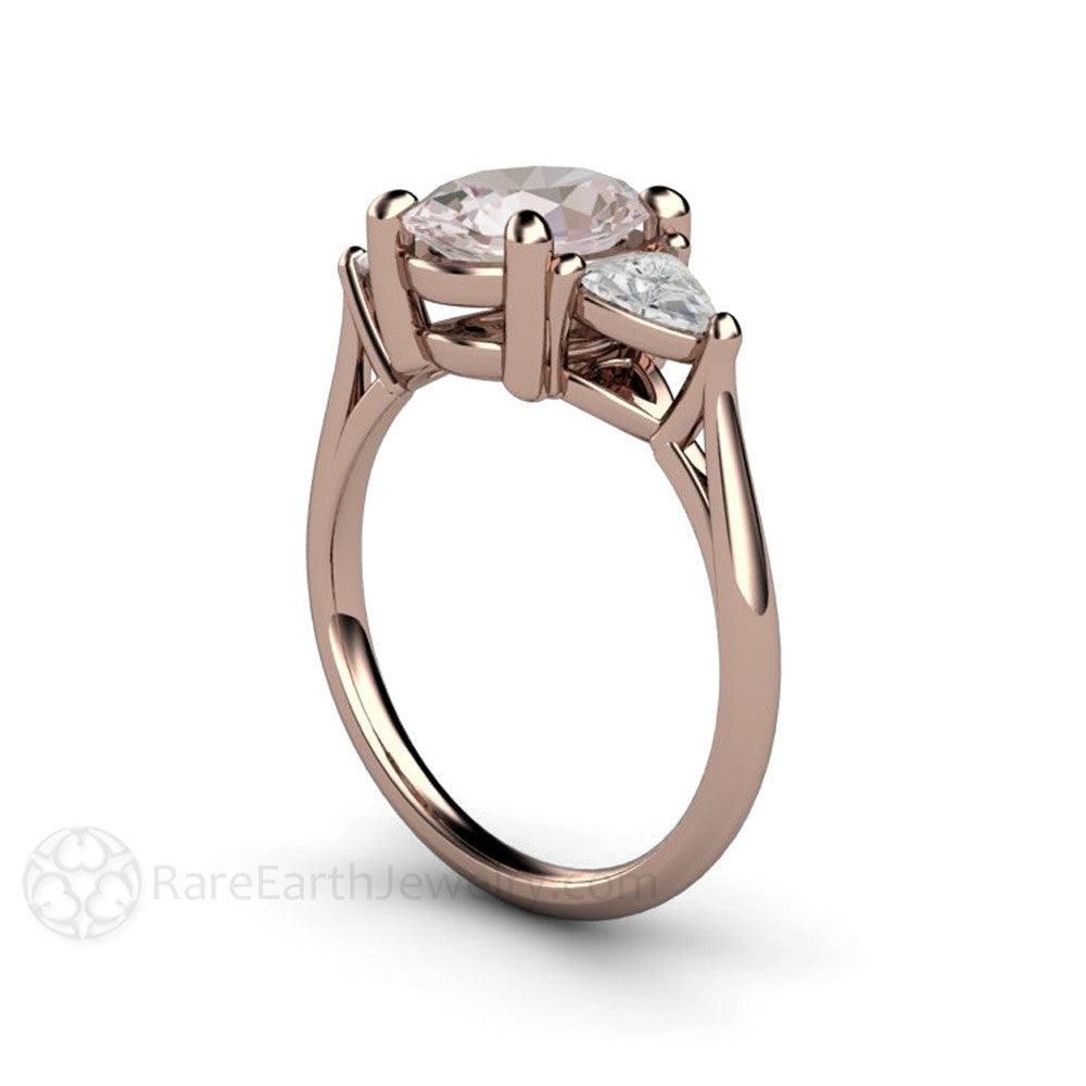Morganite Engagement Ring Oval 3 Stone with Trillions, Rare Earth Jewelry