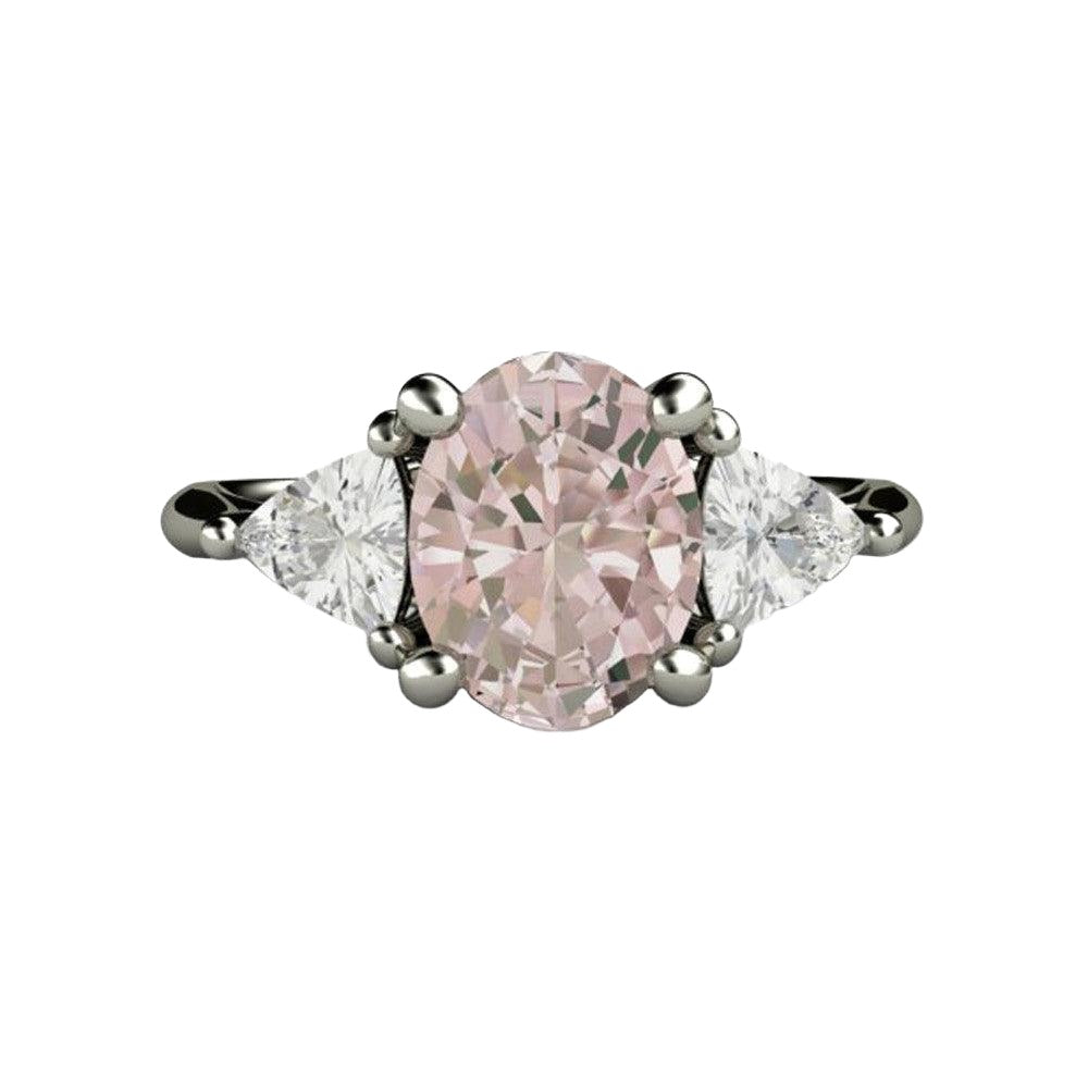 Morganite Engagement Ring Oval 3 Stone with Trillions, Rare Earth Jewelry