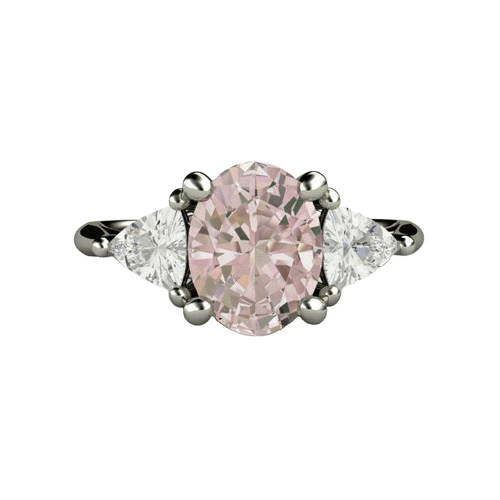 Morganite Engagement Ring Oval 3 Stone with Trillions, Rare Earth Jewelry