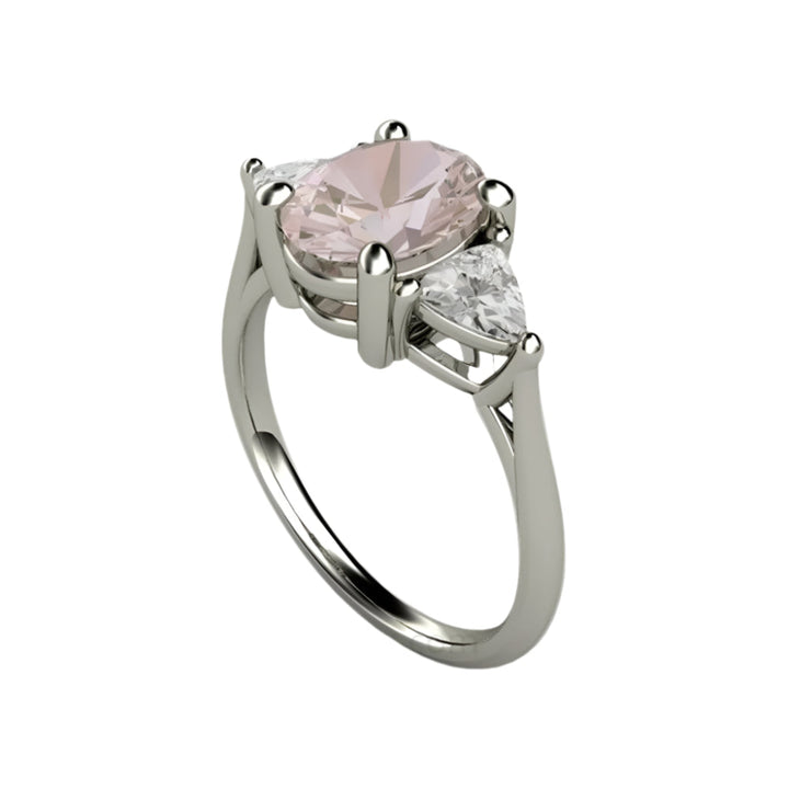 Morganite Engagement Ring Oval 3 Stone with Trillions, Rare Earth Jewelry