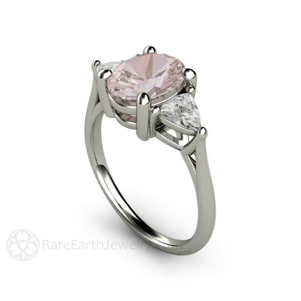 Morganite Engagement Ring Oval 3 Stone with Trillions 14K White Gold - Rare Earth Jewelry