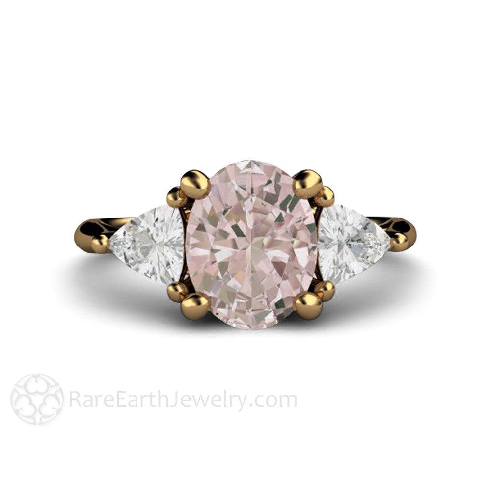 Morganite Engagement Ring Oval 3 Stone with Trillions, Rare Earth Jewelry