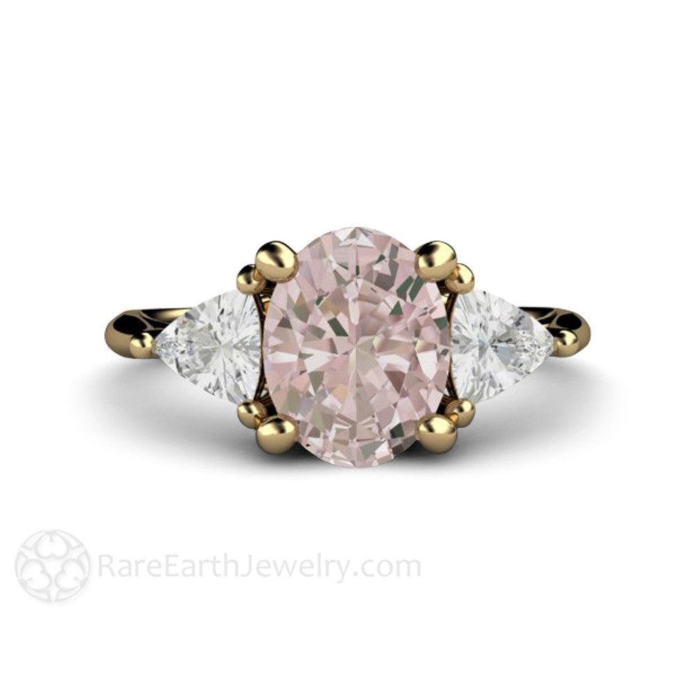 Morganite Engagement Ring Oval 3 Stone with Trillions, Rare Earth Jewelry