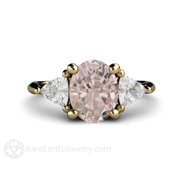 Morganite Engagement Ring Oval 3 Stone with Trillions, Rare Earth Jewelry