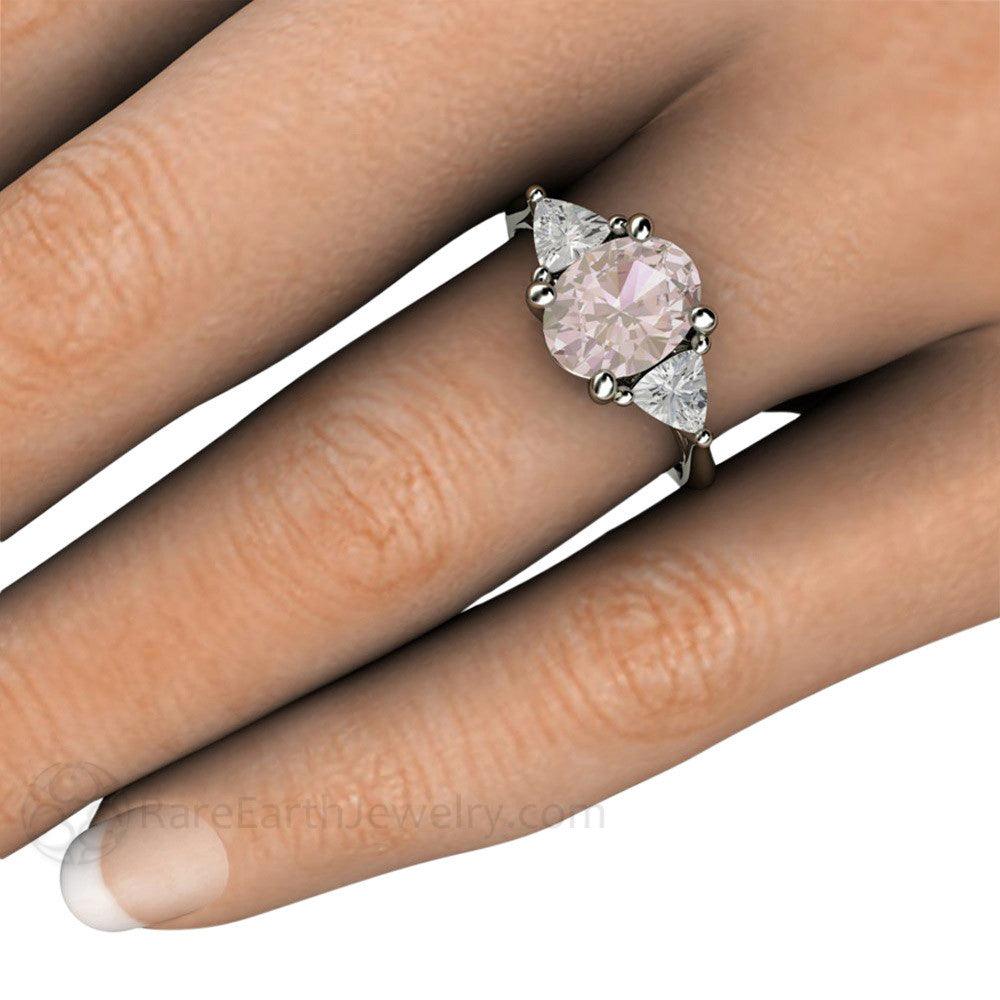 Morganite Engagement Ring Oval 3 Stone with Trillions, Rare Earth Jewelry