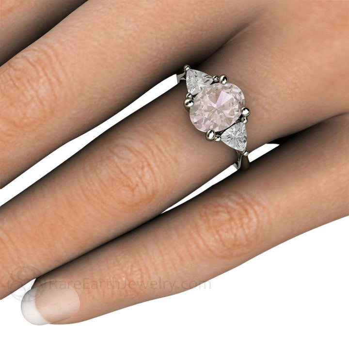 Morganite Engagement Ring Oval 3 Stone with Trillions, Rare Earth Jewelry