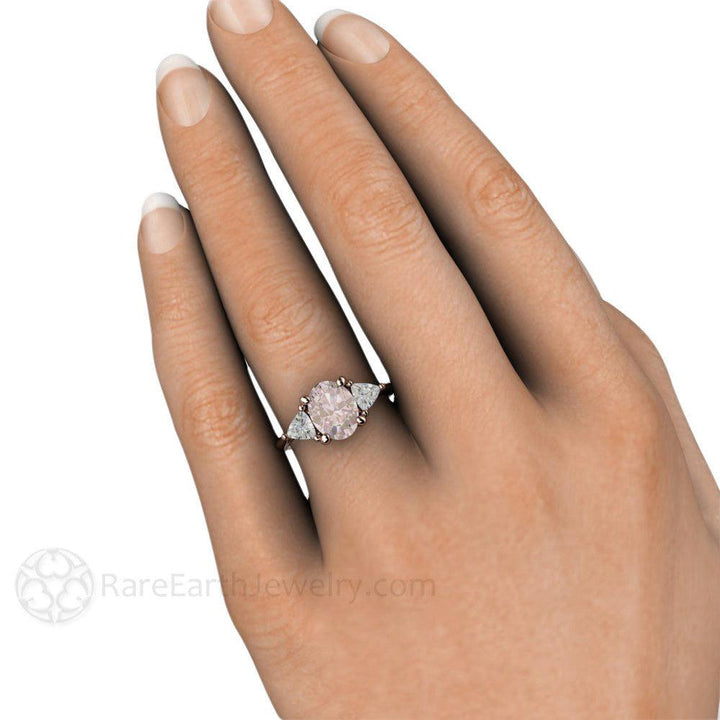 Morganite Engagement Ring Oval 3 Stone with Trillions, Rare Earth Jewelry