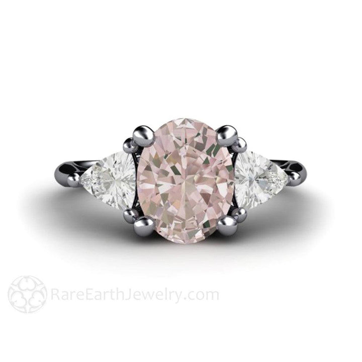 Morganite Engagement Ring Oval 3 Stone with Trillions, Rare Earth Jewelry