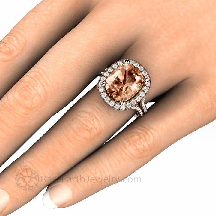 5ct Cushion Cut Morganite Ring | Diamond Halo Split Shank Statement or Engagement Ring, Rare Earth Jewelry