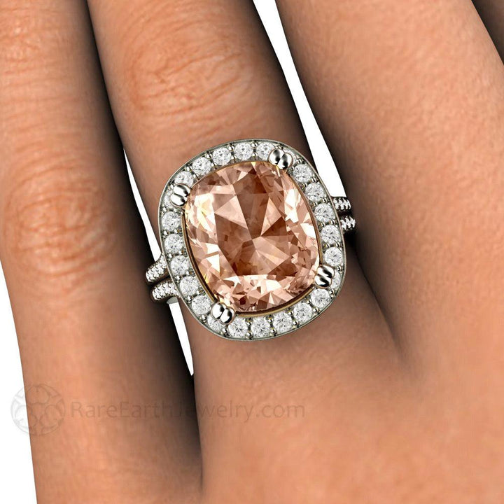 5ct Cushion Cut Morganite Ring | Diamond Halo Split Shank Statement or Engagement Ring, Rare Earth Jewelry