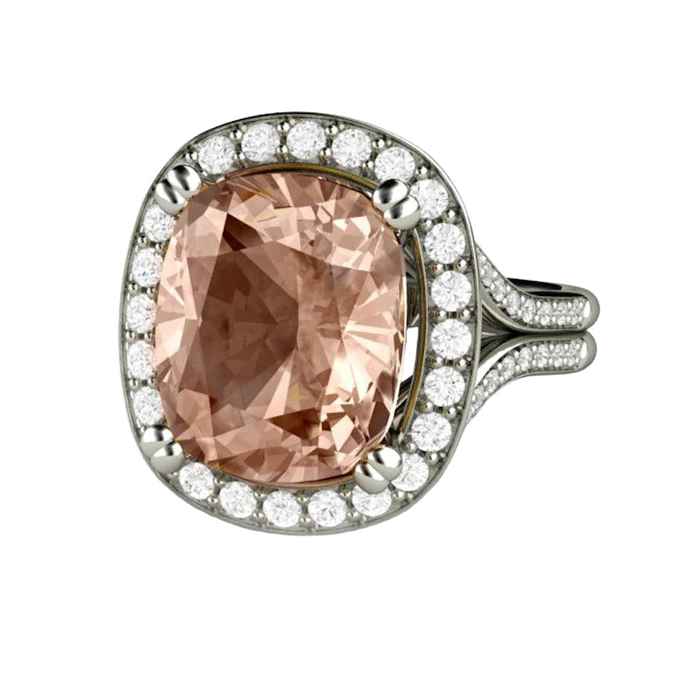 5ct Cushion Cut Morganite Ring | Diamond Halo Split Shank Statement or Engagement Ring, Rare Earth Jewelry