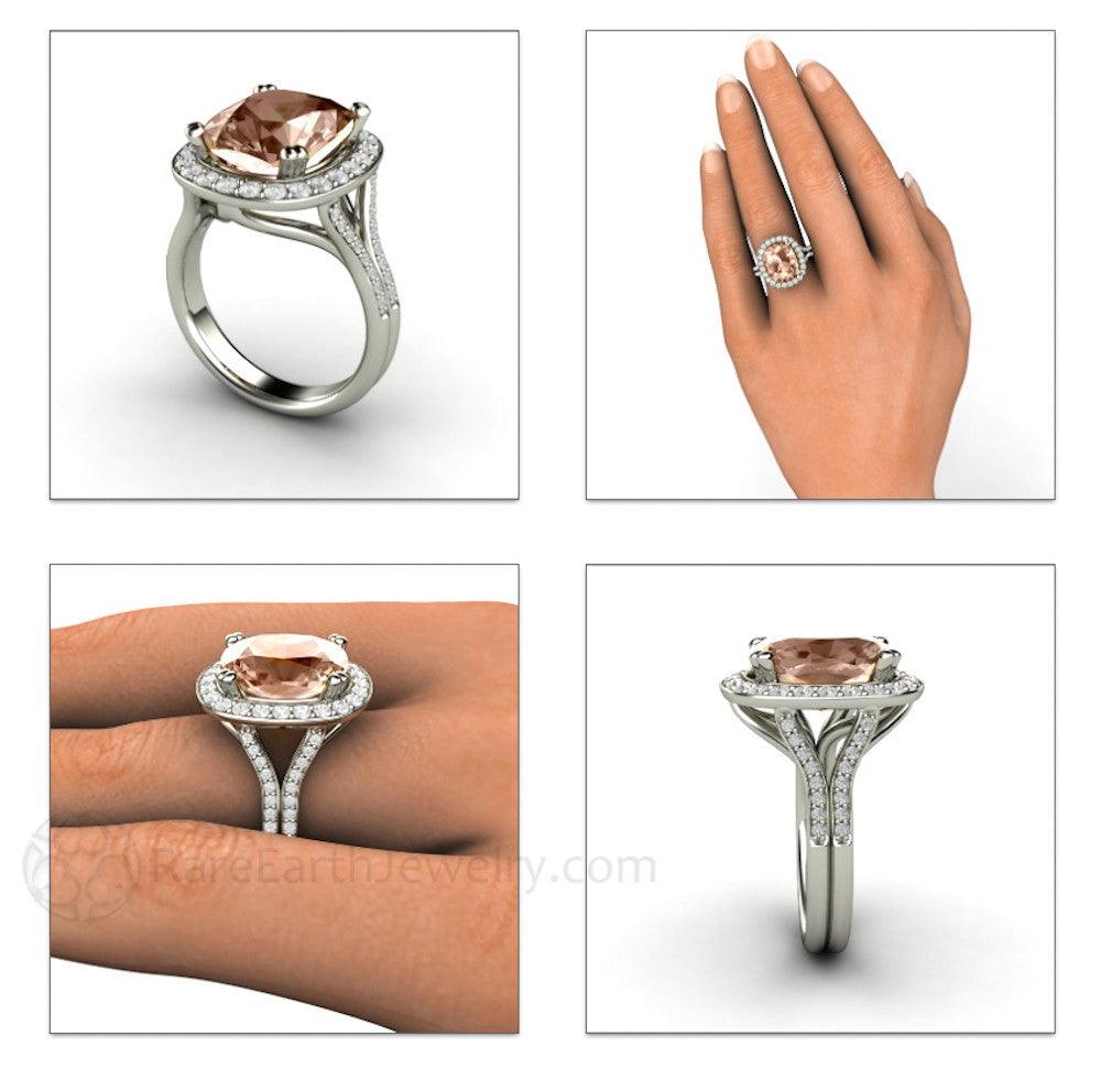 5ct Cushion Cut Morganite Ring | Diamond Halo Split Shank Statement or Engagement Ring, Rare Earth Jewelry