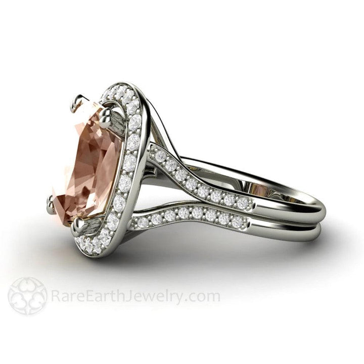 5ct Cushion Cut Morganite Ring | Diamond Halo Split Shank Statement or Engagement Ring, Rare Earth Jewelry