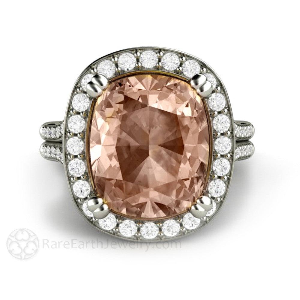 5ct Cushion Cut Morganite Ring | Diamond Halo Split Shank Statement or Engagement Ring, Rare Earth Jewelry
