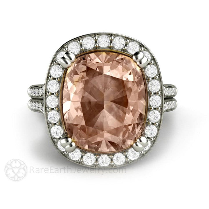 5ct Cushion Cut Morganite Ring | Diamond Halo Split Shank Statement or Engagement Ring, Rare Earth Jewelry