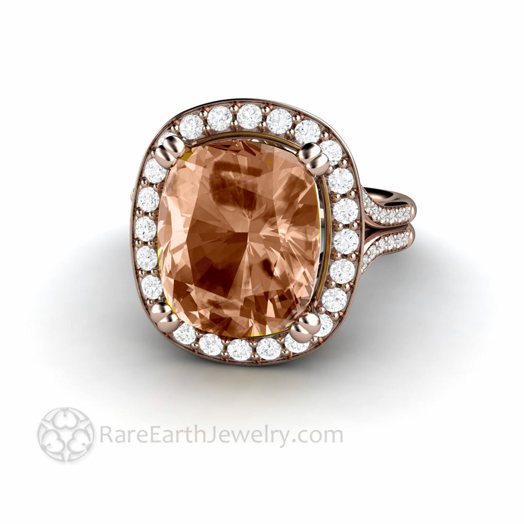 5ct Cushion Cut Morganite Ring | Diamond Halo Split Shank Statement or Engagement Ring, Rare Earth Jewelry
