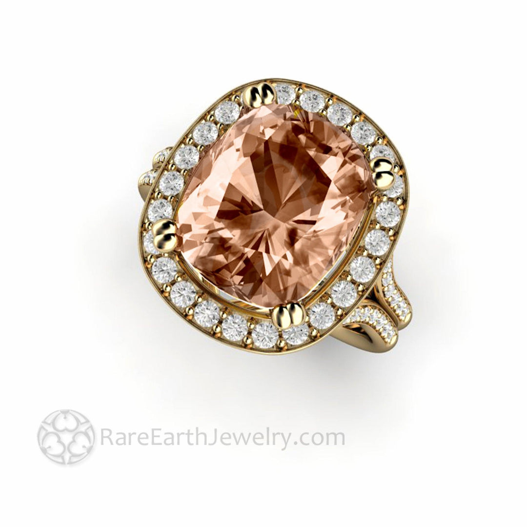 5ct Cushion Cut Morganite Ring | Diamond Halo Split Shank Statement or Engagement Ring, Rare Earth Jewelry