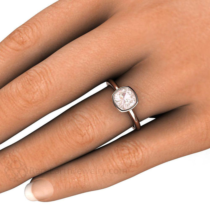 Natural Morganite Ring Cushion Cut Bezel Set Solitaire Engagement, Rare Earth Jewelry