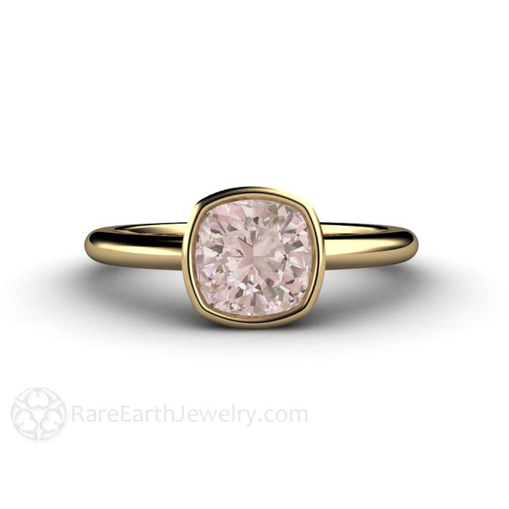 Natural Morganite Ring Cushion Cut Bezel Set Solitaire Engagement, Rare Earth Jewelry