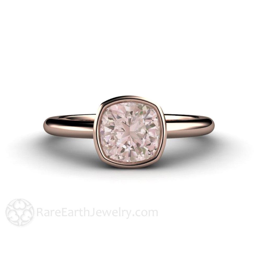 Natural Morganite Ring Cushion Cut Bezel Set Solitaire Engagement, Rare Earth Jewelry