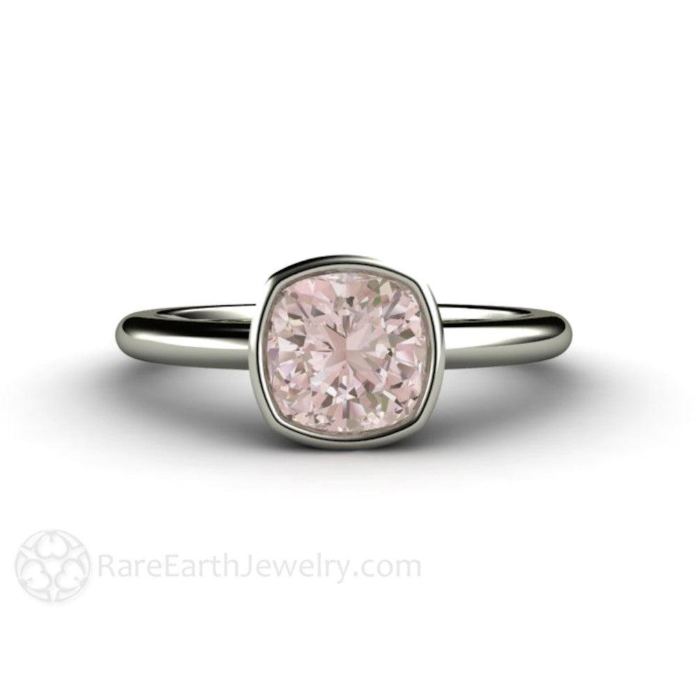 Natural Morganite Ring Cushion Cut Bezel Set Solitaire Engagement, Rare Earth Jewelry