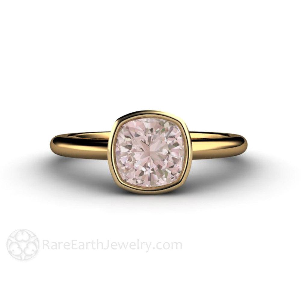 Natural Morganite Ring Cushion Cut Bezel Set Solitaire Engagement, Rare Earth Jewelry