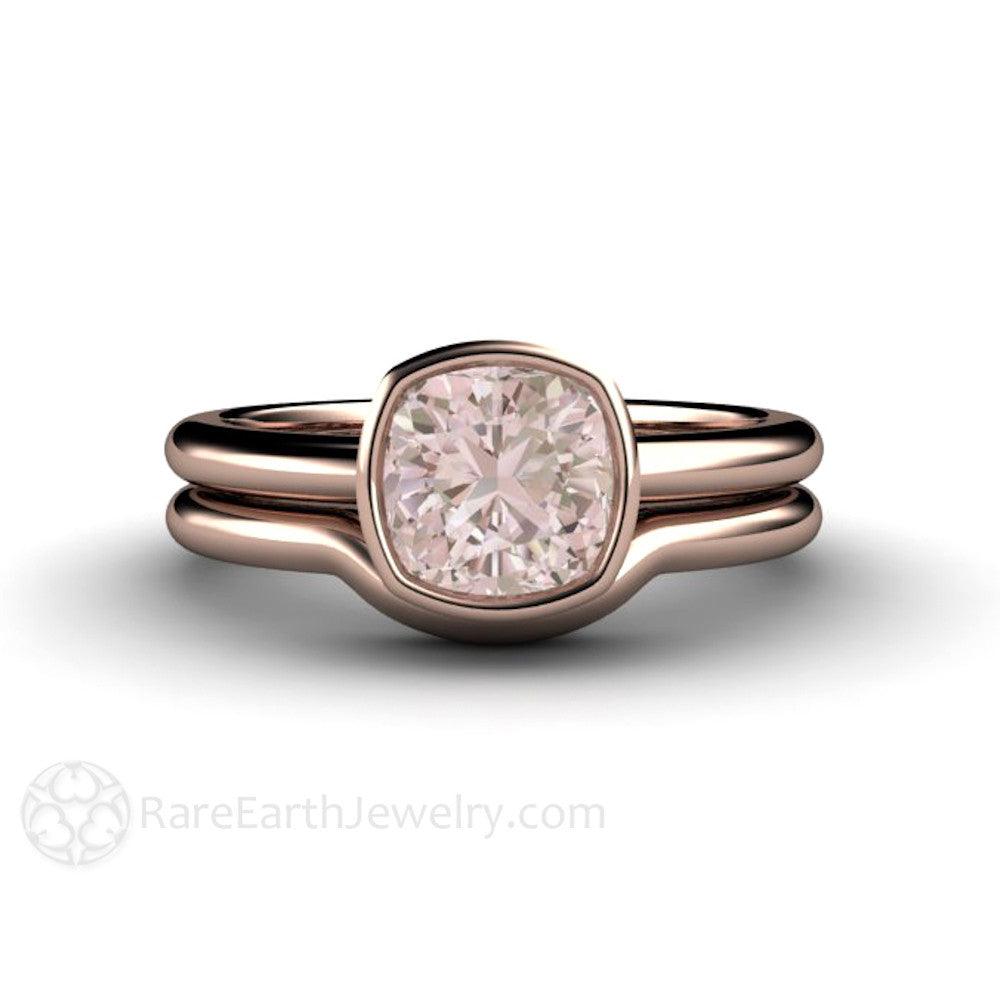 Natural Morganite Ring Cushion Cut Bezel Set Solitaire Engagement, Rare Earth Jewelry