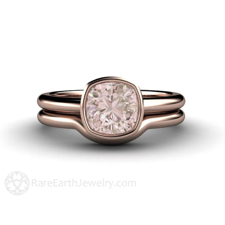 Natural Morganite Ring Cushion Cut Bezel Set Solitaire Engagement, Rare Earth Jewelry