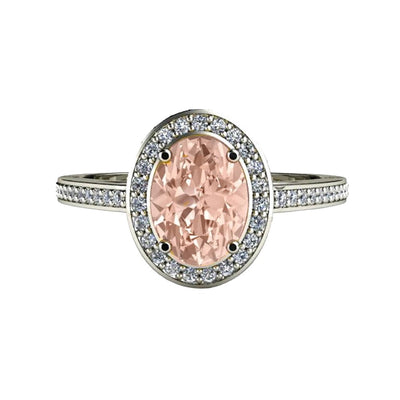 Oval Morganite Ring with Diamond Halo, natural Peach or Pink gemstone engagement ring in gold or platinum from  Rare Earth Jewelry