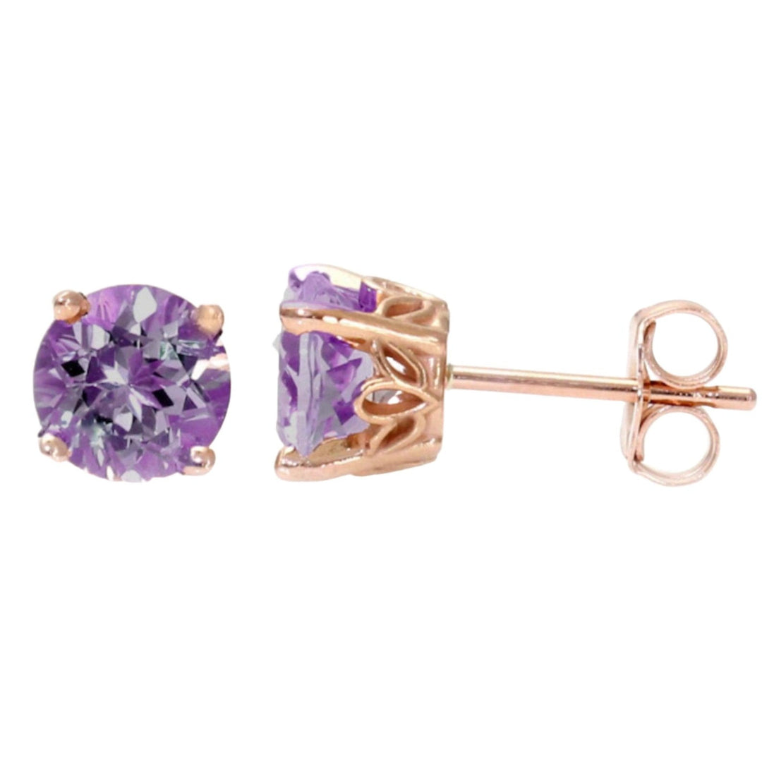 Natural Amethyst Earrings | Round Amethyst Studs in 14K Rose Gold with Filigree Scroll Design