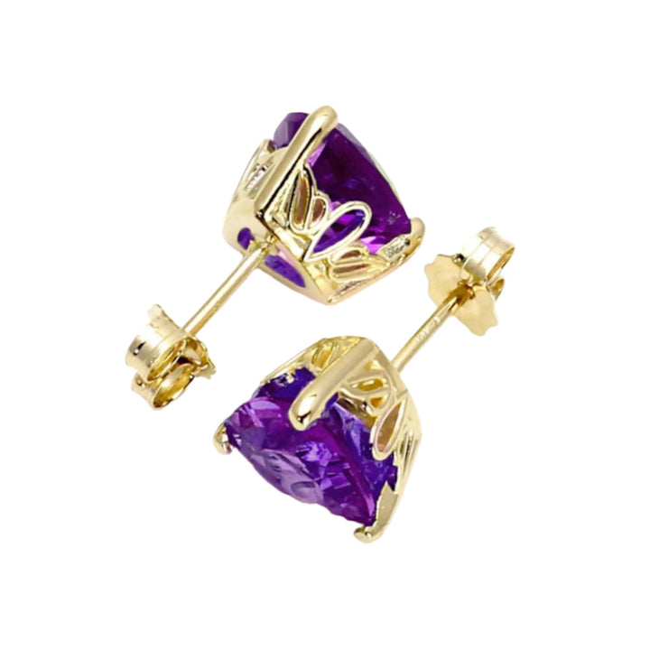 Trillion Cut Amethyst Studs | Natural Amethyst Triangle Earrings in 14K Gold, Rare Earth Jewelry