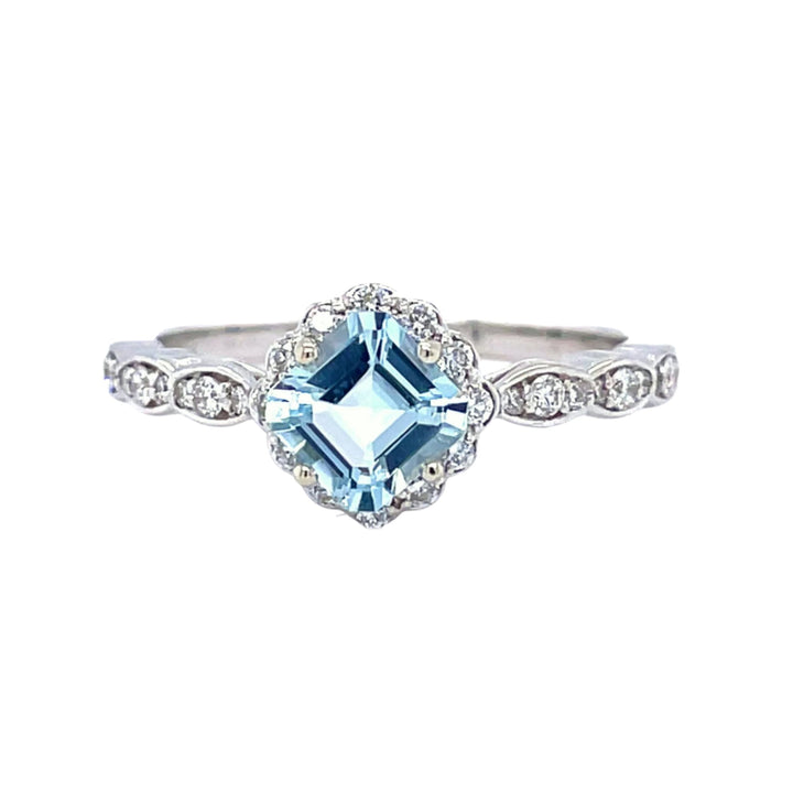 Vintage Aquamarine Engagement Ring | Asscher Cut Aquamarine Ring with Diamond Halo in Gold or Platinum