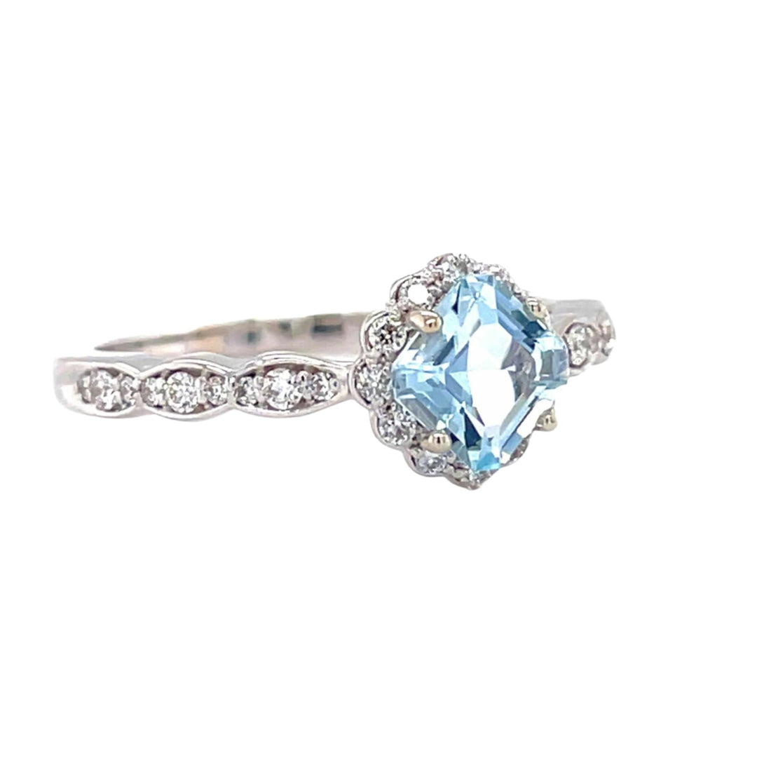 Vintage Style Aquamarine Engagement Ring | Scalloped Band and Diamond Accents