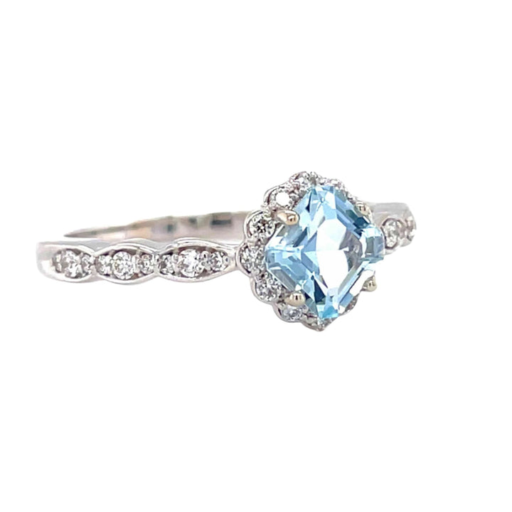 Vintage Style Aquamarine Engagement Ring | Scalloped Band and Diamond Accents
