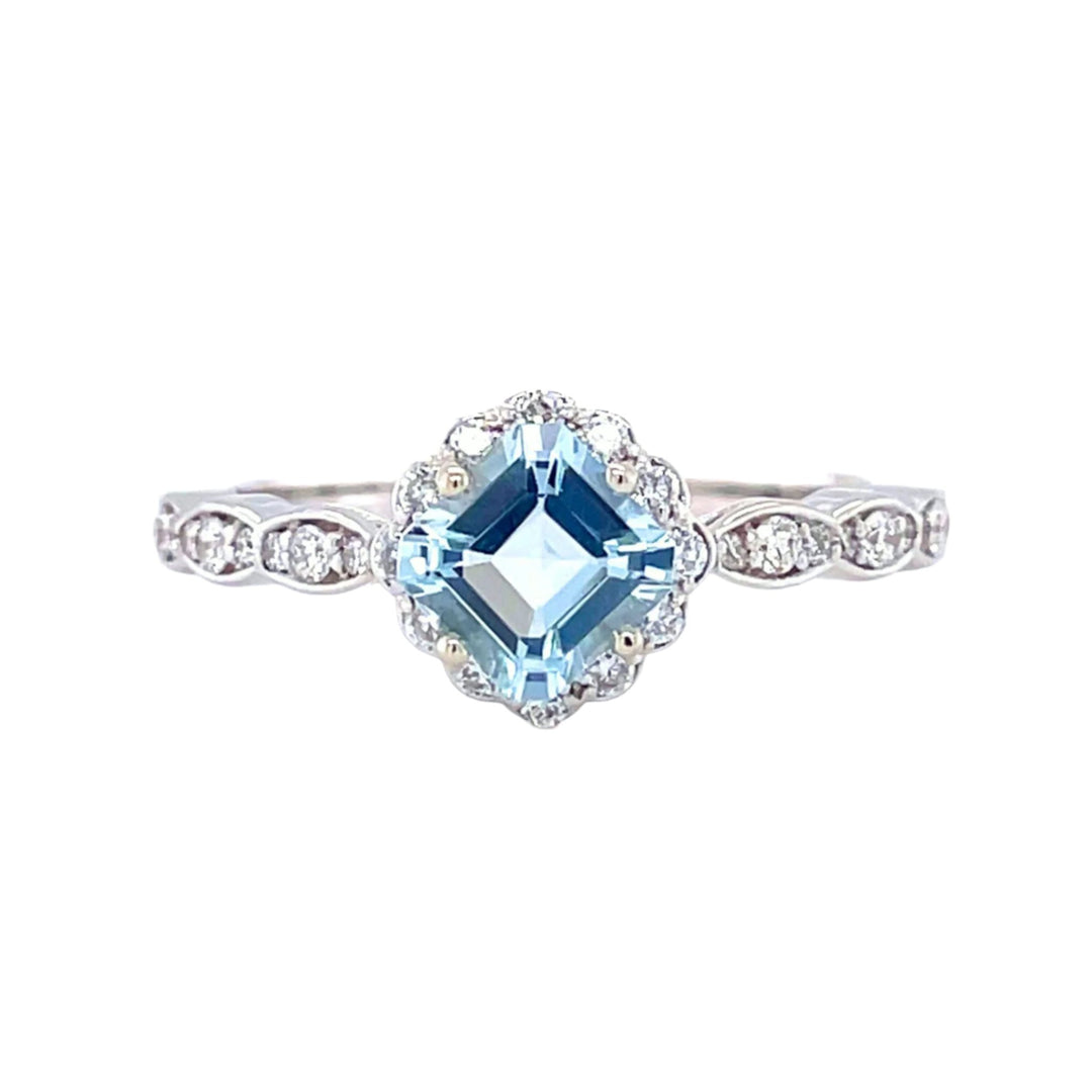 Natural Aquamarine Engagement Ring in a Vintage Inspired Design with an Asscher Cut Aquamarine and Diamonds