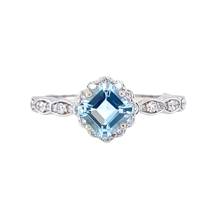 Natural Aquamarine Engagement Ring in a Vintage Inspired Design with an Asscher Cut Aquamarine and Diamonds