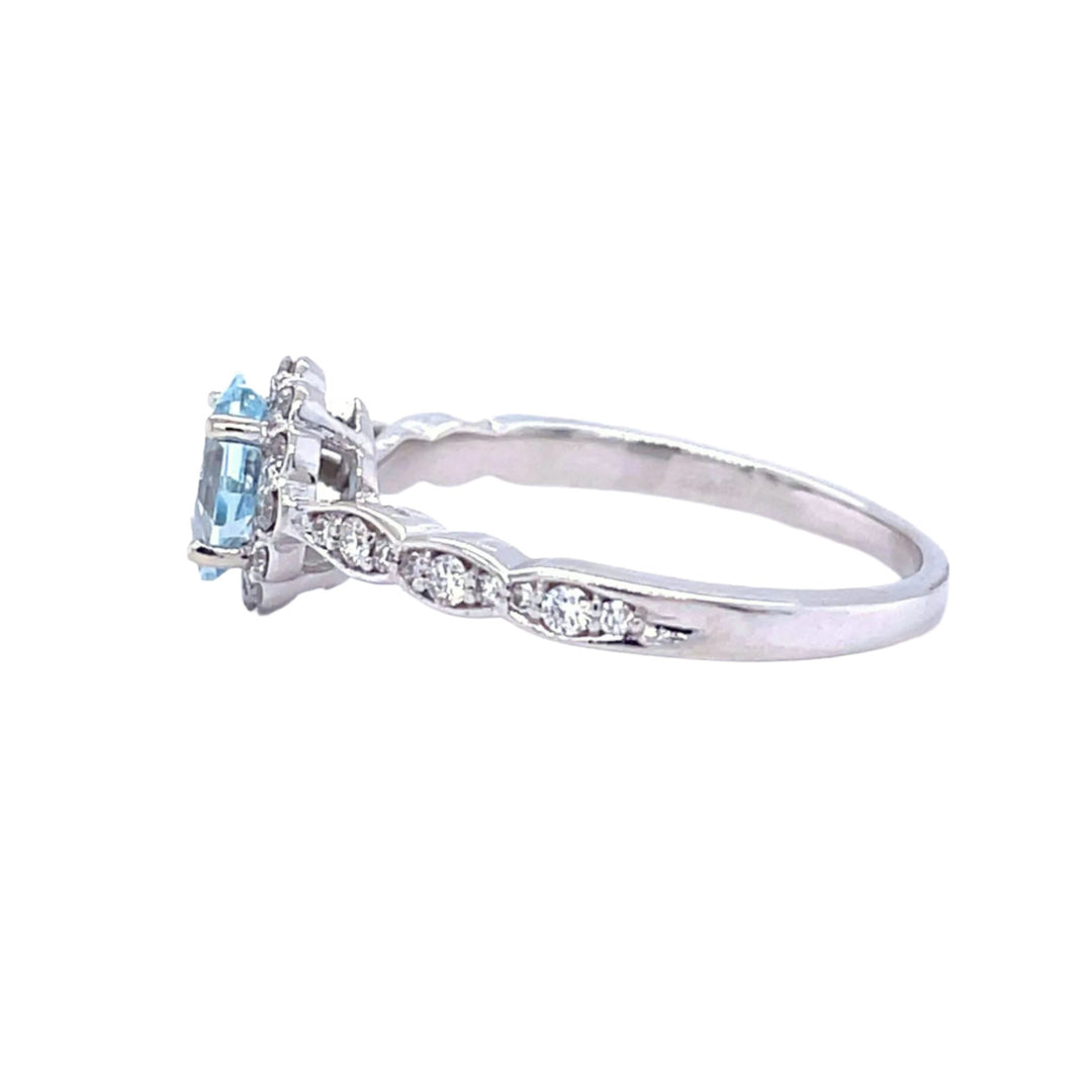 Vintage Aquamarine Engagement Ring | Asscher Cut with Diamond Halo in Gold or Platinum - Side View