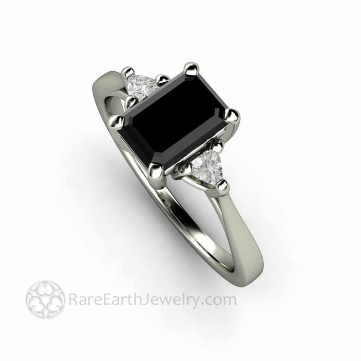 Natural Black Diamond Engagement Ring Emerald Cut Three Stone with Diamond Trillions, Rare Earth Jewelry
