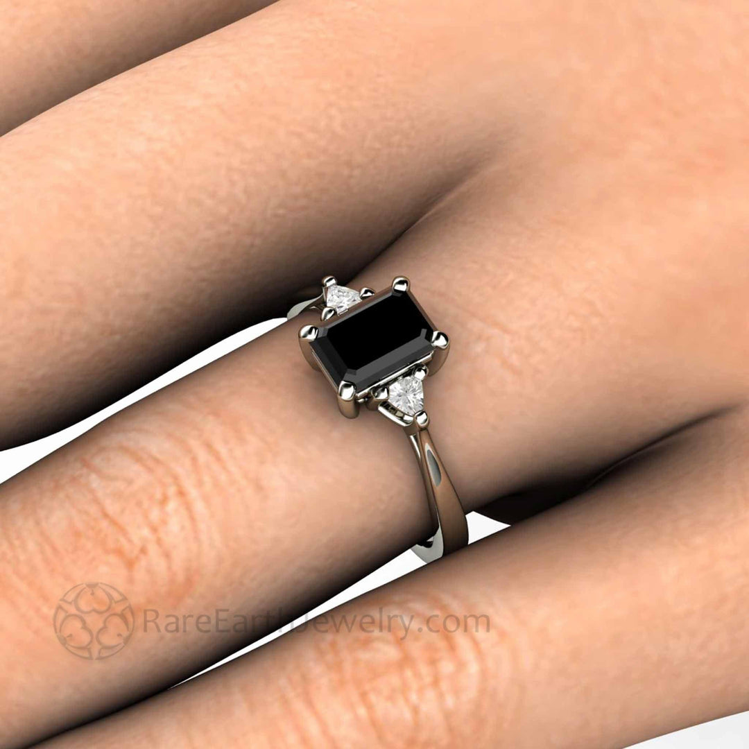 Natural Black Diamond Engagement Ring Emerald Cut Three Stone with Diamond Trillions, Rare Earth Jewelry
