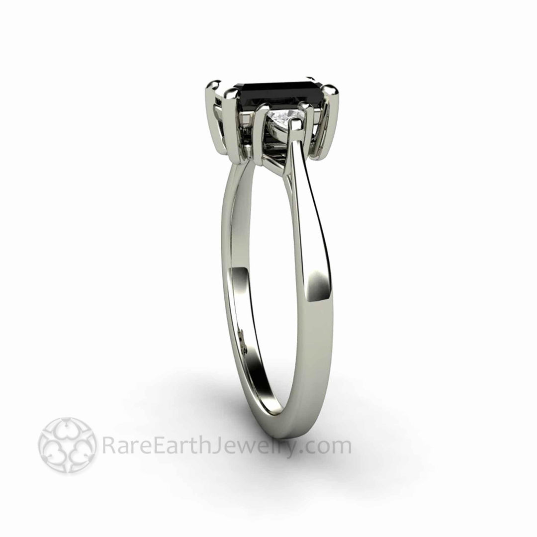 Natural Black Diamond Engagement Ring Emerald Cut Three Stone with Diamond Trillions, Rare Earth Jewelry