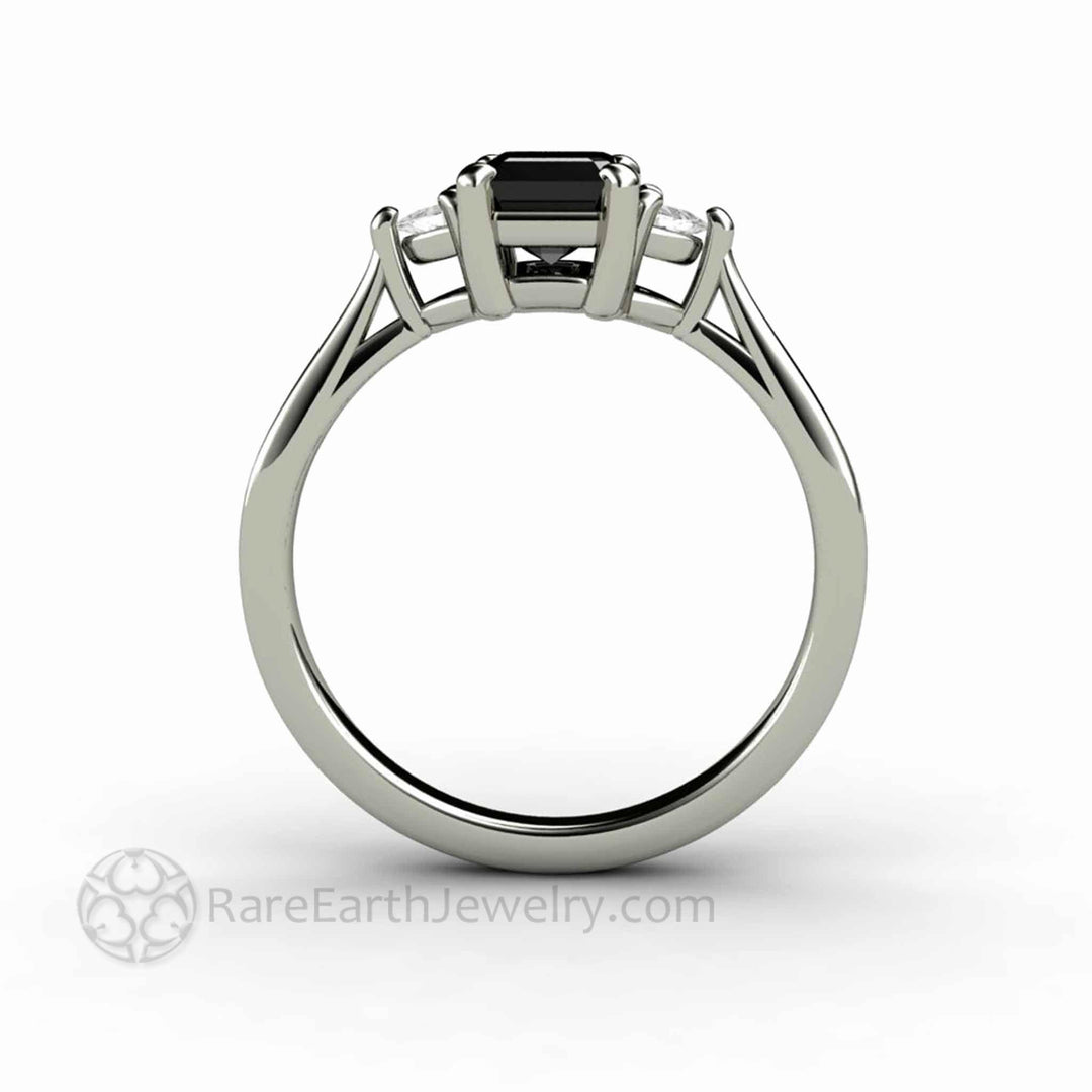 Natural Black Diamond Engagement Ring Emerald Cut Three Stone with Diamond Trillions, Rare Earth Jewelry