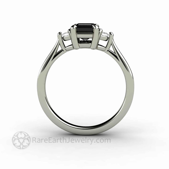 Natural Black Diamond Engagement Ring Emerald Cut Three Stone with Diamond Trillions, Rare Earth Jewelry