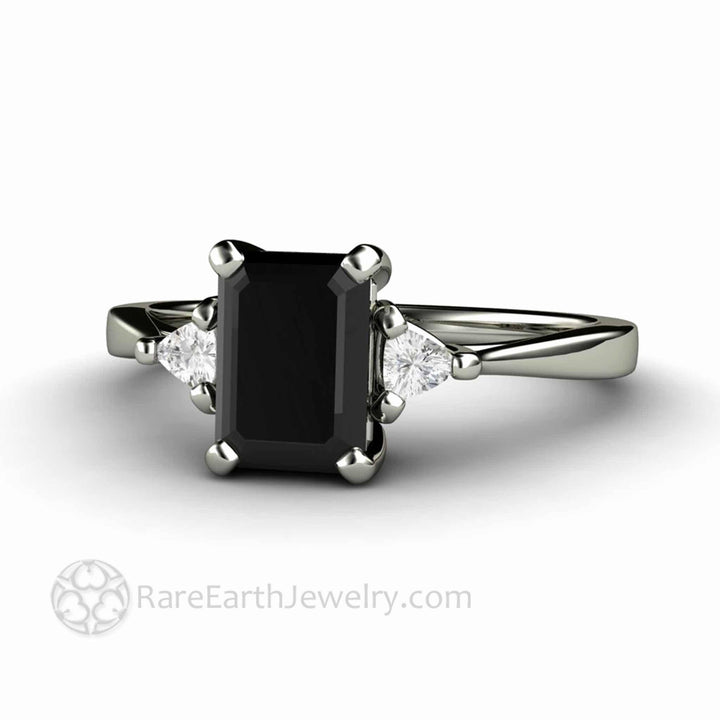 Natural Black Diamond Engagement Ring Emerald Cut Three Stone with Diamond Trillions, Rare Earth Jewelry