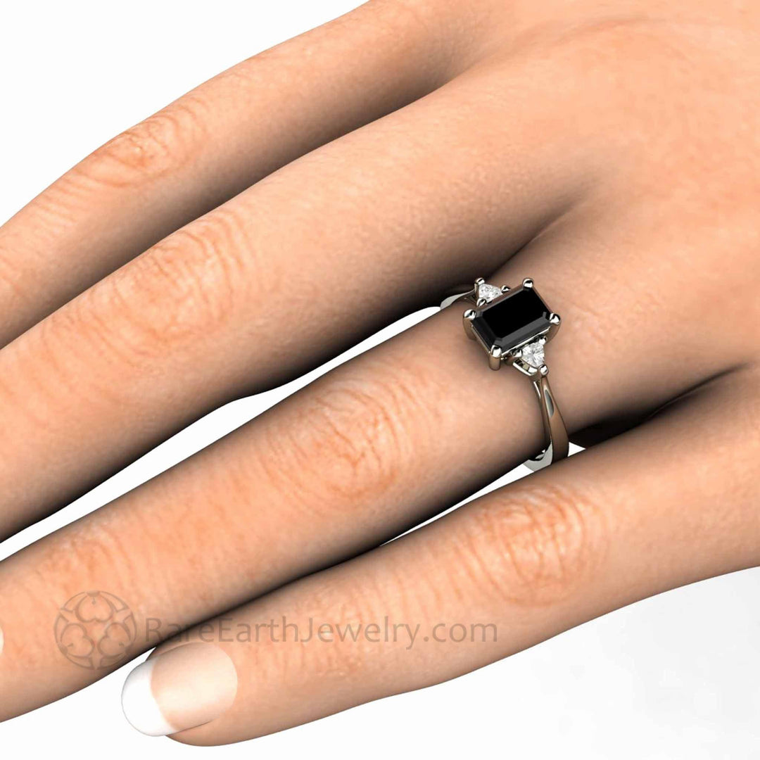 Natural Black Diamond Engagement Ring Emerald Cut Three Stone with Diamond Trillions, Rare Earth Jewelry